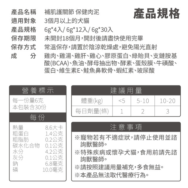 毛掌醫學 護關節 保健肉泥 貓狗適用 一盒30入(x6g)