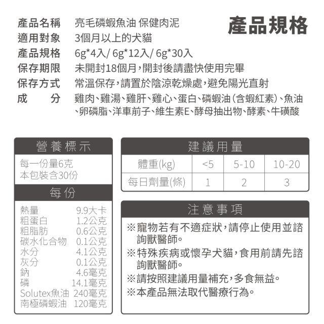 毛掌醫學 亮毛磷蝦魚油 保健肉泥 爆毛神器 犬貓適用 一盒30入(x6g)